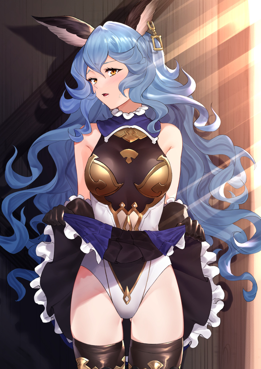 1girl absurdres animal_ears bangs bare_shoulders black_gloves black_legwear black_skirt blue_hair blush breasts earrings erune ferry_(granblue_fantasy) gloves granblue_fantasy highleg highleg_leotard highres jewelry leotard lifted_by_self light_rays long_hair looking_at_viewer medium_breasts open_mouth rabbit_ears saru_(pixiv13751598) single_earring skirt solo thigh-highs thighs wavy_hair white_leotard yellow_eyes