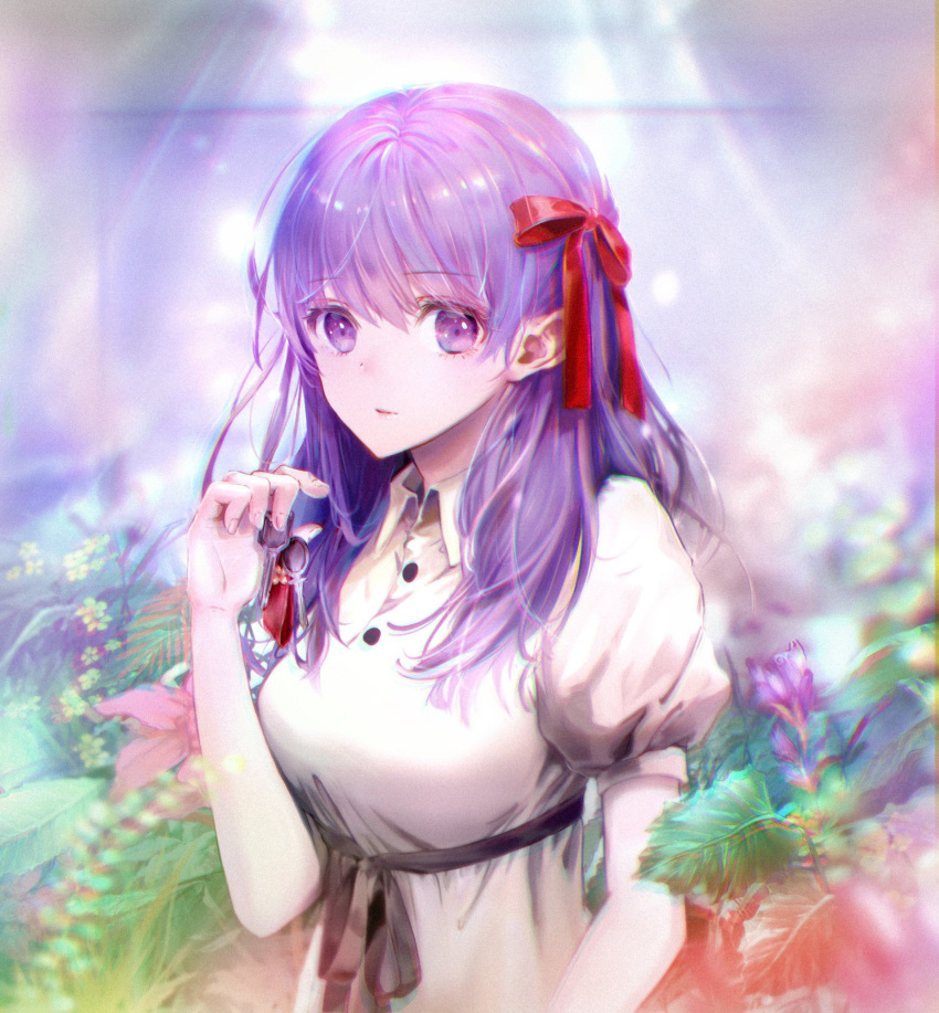 1girl breasts closed_mouth dress fate/stay_night fate_(series) hair_ribbon hand_up highres hirose_(10011) keychain looking_at_viewer matou_sakura medium_breasts medium_hair official_alternate_costume puffy_short_sleeves puffy_sleeves purple_hair red_ribbon ribbon short_sleeves solo upper_body violet_eyes white_dress