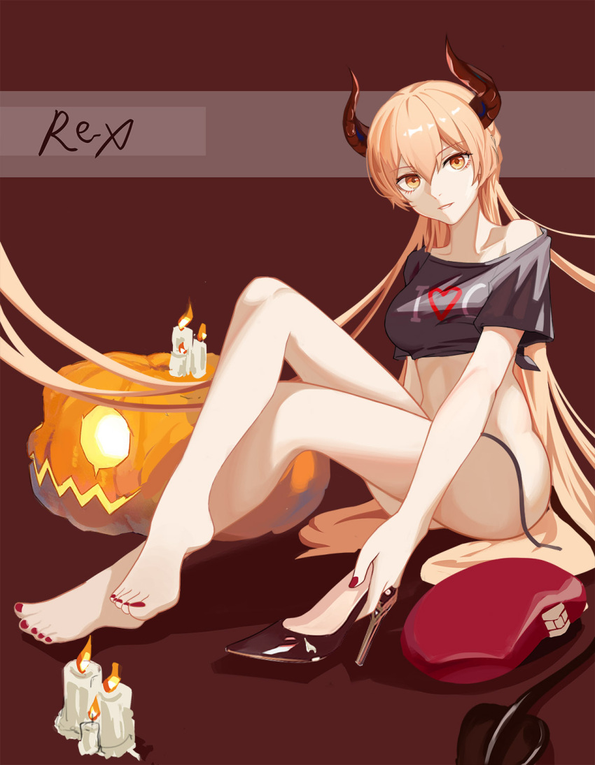 1girl artist_name bare_legs barefoot blonde_hair breasts candle closed_mouth collarbone crossed_legs demon_horns demon_tail eyebrows_visible_through_hair girls_frontline halloween high_heels highres holding holding_shoes horns legs long_hair looking_at_viewer medium_breasts nail_polish ots-14_(girls_frontline) pumpkin red_nails regenerate-x shoes simple_background single_shoe sitting_on_floor smile soles solo tail thighs toenail_polish toes yellow_eyes