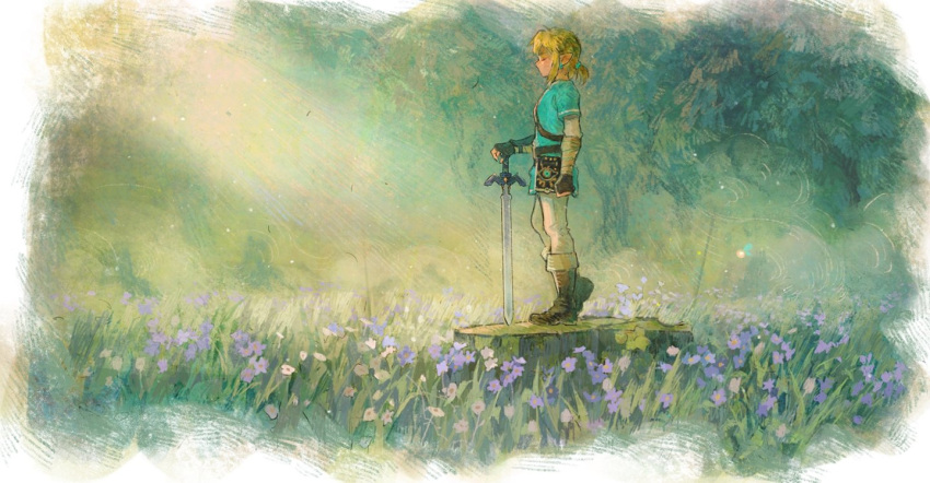 1boy blonde_hair blue_tunic boots brown_footwear closed_eyes fingerless_gloves flower from_side gloves grass holding holding_sword holding_weapon lingcod_dayu link male_focus master_sword pants pointy_ears ponytail profile sheikah_slate short_ponytail sidelocks solo standing sword the_legend_of_zelda the_legend_of_zelda:_breath_of_the_wild tree tunic weapon wind