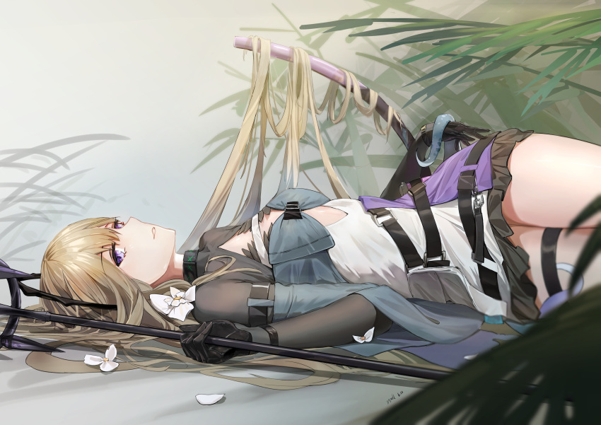 1girl absurdres arknights black_collar black_gloves black_skirt black_sleeves blonde_hair breasts chinese_commentary clothing_cutout collar cowboy_shot flower gloves highres holding holding_staff indigo_(arknights) infection_monitor_(arknights) long_hair looking_at_viewer lying plant shirt sideways_glance skirt small_breasts snake_tail solo staff tail thigh_strap thighs very_long_hair violet_eyes white_flower white_shirt ygxdl