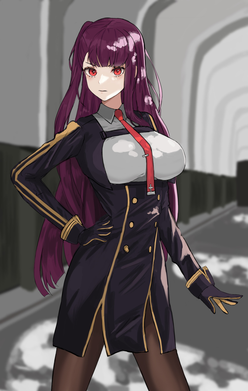 1girl absurdres black_gloves black_legwear breasts closed_mouth eyebrows_visible_through_hair feet_out_of_frame girls_frontline gloves hand_on_hip hanser highres long_hair looking_at_viewer medium_breasts necktie pantyhose purple_hair red_eyes red_neckwear simple_background solo standing wa2000_(girls_frontline)