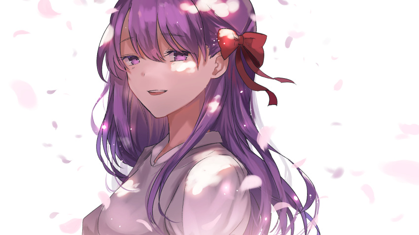 1girl breasts commentary_request dress fate/stay_night fate_(series) hair_ribbon highres looking_at_viewer matou_sakura medium_breasts official_alternate_costume open_mouth pekerika petals puffy_short_sleeves puffy_sleeves purple_hair red_ribbon ribbon short_sleeves simple_background smile solo upper_body upper_teeth violet_eyes white_background white_dress