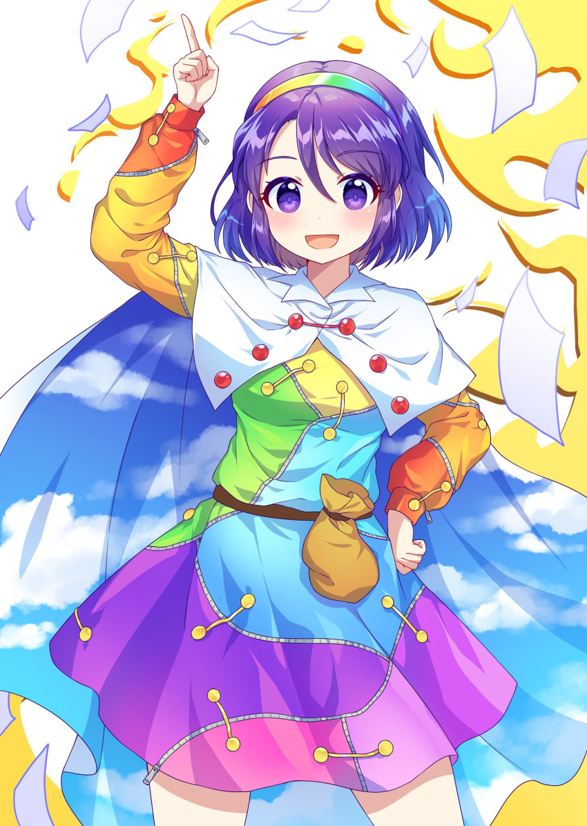 1girl :d arm_up blush breasts cape caramell0501 contrapposto dress feet_out_of_frame hairband highres index_finger_raised looking_at_viewer medium_breasts multicolored multicolored_clothes multicolored_dress open_mouth purple_hair rainbow_gradient short_hair simple_background smile solo tenkyuu_chimata touhou violet_eyes white_background white_cape