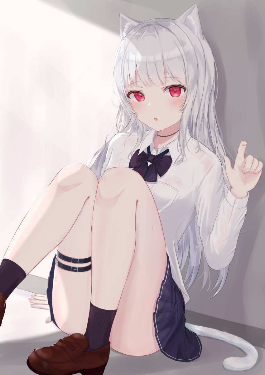 1girl :o against_wall animal_ear_fluff animal_ears bare_legs bow bowtie cat_ears cat_girl cat_tail highres long_hair long_sleeves looking_at_viewer miniskirt original red_eyes shirt silver_hair sitting skirt tail tanshio thigh_strap white_shirt