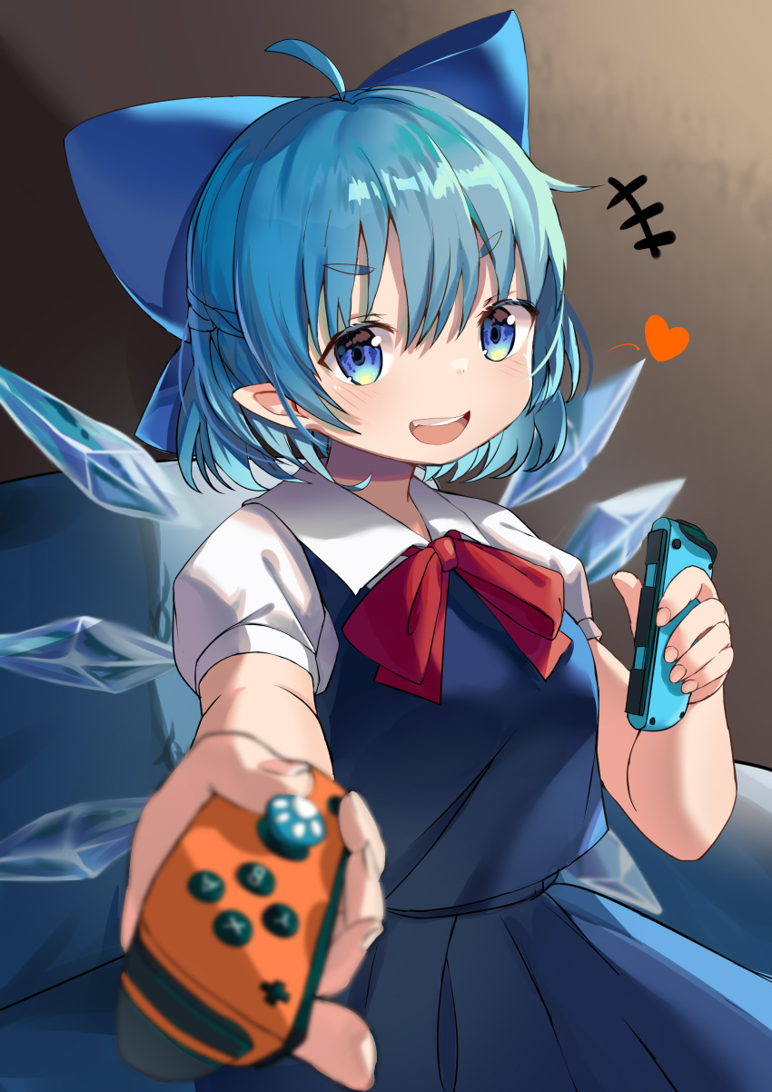 +++ 1girl :d absurdres ahoge blue_dress blue_eyes blue_hair blurry bow breasts cirno commentary_request couch cowboy_shot depth_of_field dress grey_background hair_bow heart highres holding hxj_(2324184595) ice ice_wings incoming_gift looking_at_viewer medium_breasts open_mouth pointy_ears simple_background smile solo touhou wings