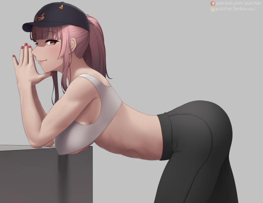 1girl bangs baseball_cap bent_over blunt_bangs breasts brown_eyes crop_top crop_top_overhang eyebrows_visible_through_hair fingers_together hat hololive hololive_english large_breasts long_hair looking_at_viewer mori_calliope pink_hair ponytail profile putcher smile solo tank_top virtual_youtuber