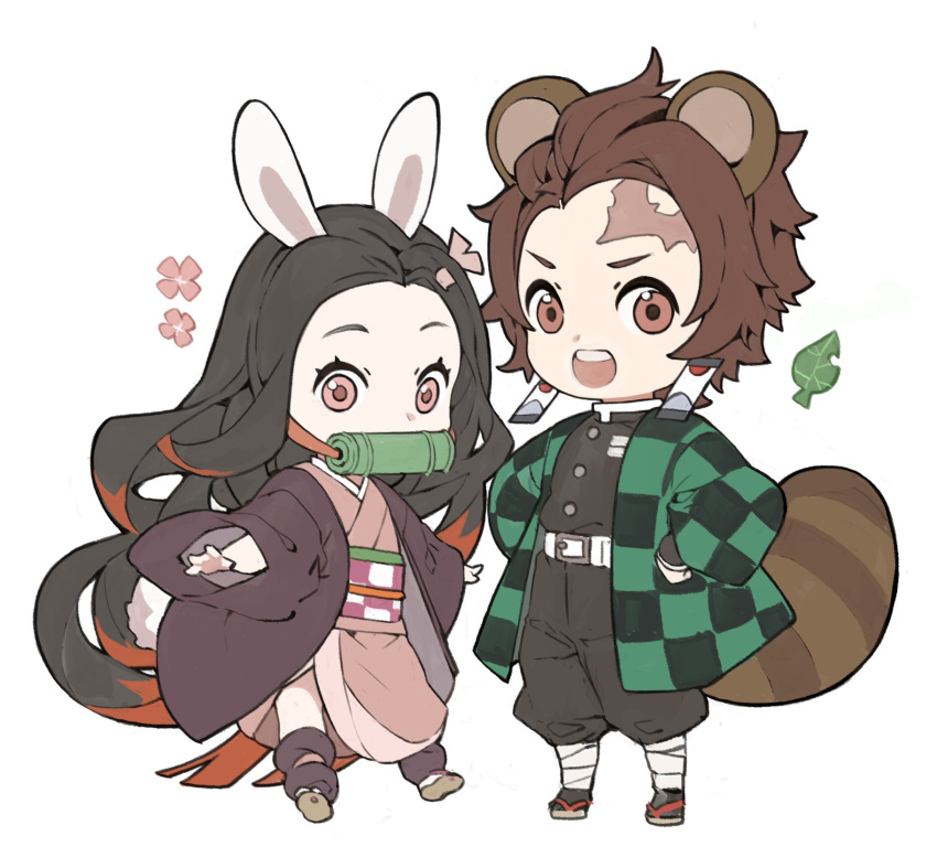 1boy 1girl animal_ears bit_gag black_hair brother_and_sister brown_eyes brown_hair bunny_tail checkered checkered_obi earrings flower gag hair_ribbon hands_on_hips haori highres japanese_clothes jewelry kamado_nezuko kamado_tanjirou kimetsu_no_yaiba leaf long_hair multicolored_hair obi open_mouth pants papajay_(jennygin2) pink_eyes pink_flower rabbit_ears raccoon_ears raccoon_tail redhead ribbon sash scar scar_on_face siblings simple_background tail white_background