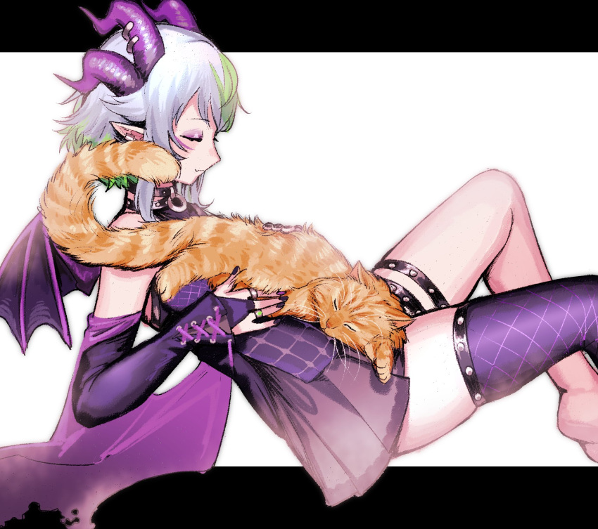 1girl animal bangs black_nails bridal_gauntlets bsapricot bsapricot_(vtuber) cat cat_on_person closed_eyes commentary demon_horns demon_wings dress english_commentary feet_out_of_frame green_hair highres horns jewelry multicolored_hair multiple_horns multiple_rings nail_polish petting pointy_ears purple_dress purple_legwear ring short_hair silver_hair single_thighhigh solo thigh-highs thigh_strap two-tone_hair virtual_youtuber vshojo wings