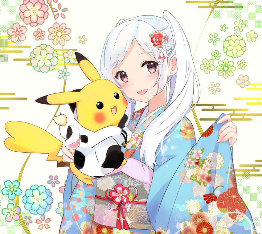 1girl animal_print blush clothed_pokemon commentary_request cow_print earrings fire_emblem fire_emblem_awakening floral_background gen_1_pokemon hair_ornament hand_up highres holding holding_pokemon hood hood_down hoodie japanese_clothes jewelry kimono long_hair looking_at_viewer obi open_mouth pikachu pink_eyes pokemon pokemon_(creature) puni_y_y robin_(fire_emblem) robin_(fire_emblem)_(female) sash silver_hair smile stud_earrings twintails