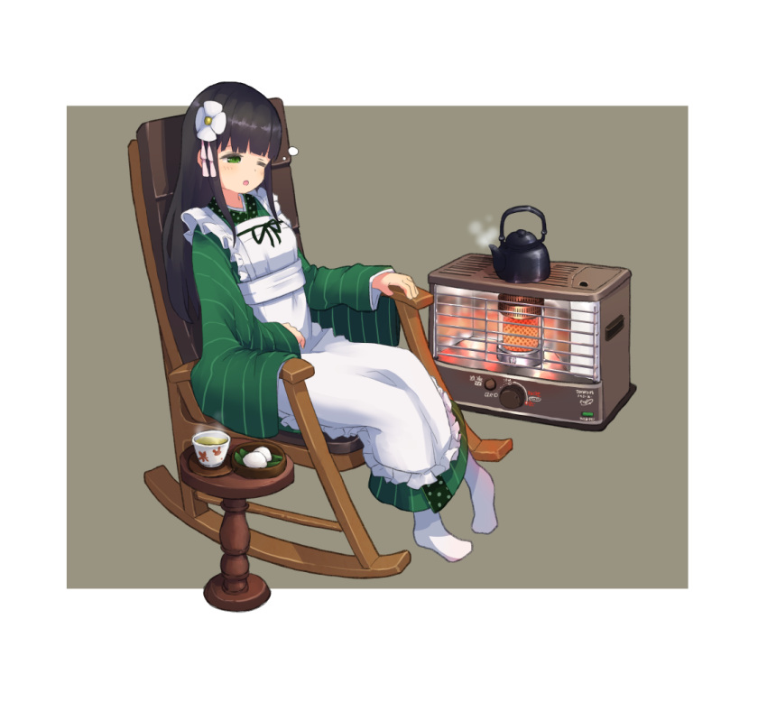 brown_background brown_hair chair flower food full_body gochuumon_wa_usagi_desu_ka? green_eyes green_tea hair_flower hair_ornament heater kettle long_sleeves mohei one_eye_closed rocking_chair simple_background sitting table tea ujimatsu_chiya white_legwear