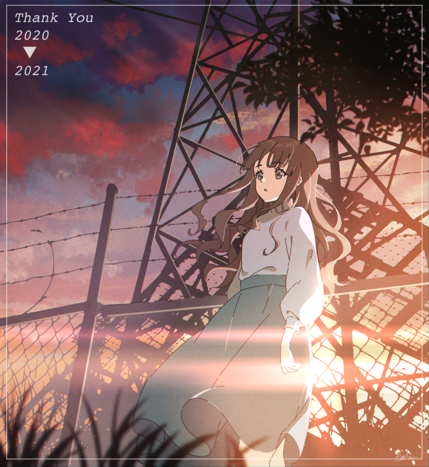 1girl 2020 2021 backlighting barbed_wire brown_eyes brown_hair chain-link_fence clouds cloudy_sky commentary_request eyebrows_visible_through_hair feet_out_of_frame fence grass green_skirt hari611 highres lens_flare long_hair long_sleeves looking_away open_mouth original outdoors skirt sky solo sunset sweater sweater_tucked_in thank_you transmission_tower tree turtleneck turtleneck_sweater white_sweater