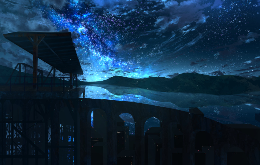 abisswalker8 absurdres arch blue_sky bridge canopy_(shelter) city clouds commentary fence highres huge_filesize mountain mountainous_horizon night night_sky no_humans original outdoors reflection rust scenery sky star_(sky) starry_sky station viaduct water