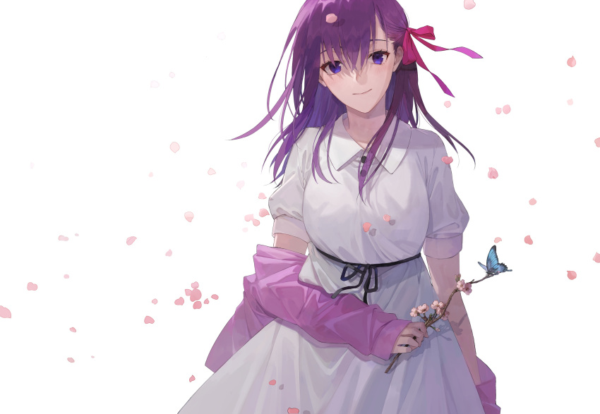 1girl blue_eyes branch breasts bug butterfly cherry_blossoms closed_mouth dress facing_viewer fate/stay_night fate_(series) hair_ribbon hand_up highres holding holding_branch insect jacket kuromamechabita looking_at_viewer matou_sakura medium_breasts official_alternate_costume open_clothes open_jacket petals pink_jacket puffy_short_sleeves puffy_sleeves purple_hair red_ribbon ribbon short_sleeves simple_background smile solo white_background white_dress