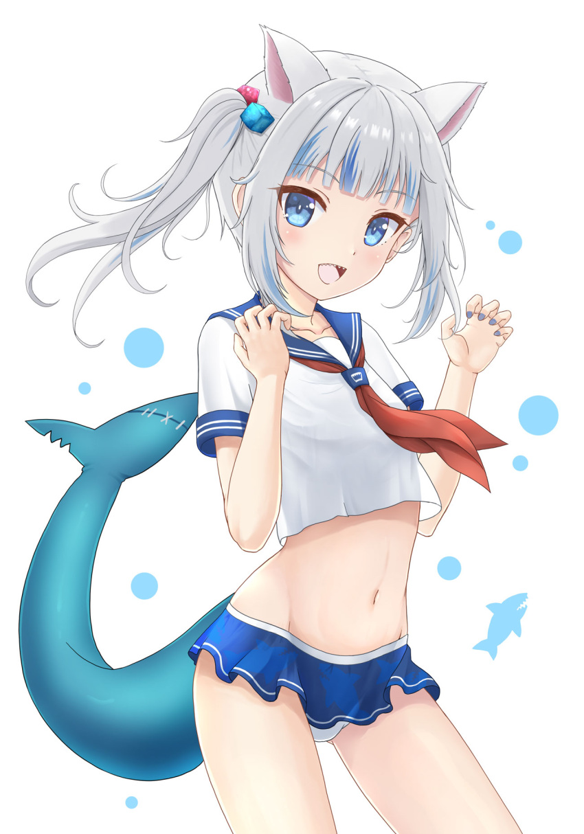 1girl :d animal_ears bikini_skirt blue_eyes cat_ears crop_top crop_top_overhang extra_ears fish_tail flipper gawr_gura hands_up highres hololive hololive_english long_hair looking_at_viewer midriff multicolored_hair navel neckerchief open_mouth sailor_collar sailor_shirt shark_tail sharp_teeth shirt short_sleeves sidelocks silver_hair simple_background smile solo stomach streaked_hair tail teeth thighs twintails virtual_youtuber white_background white_shirt
