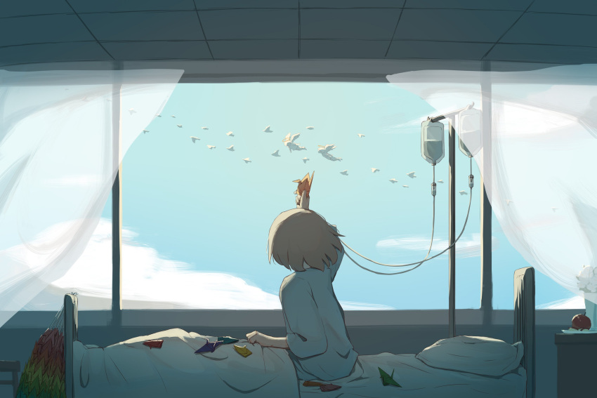 1boy angel apple avogado6 bed bed_frame bird blue_shirt blue_sky brown_hair curtains facing_away flying food food_art from_side fruit halo hand_up highres holding hospital_bed hospital_gown indoors intravenous_drip long_sleeves male_focus origami original outdoors pillow shirt sky solo symbolism window
