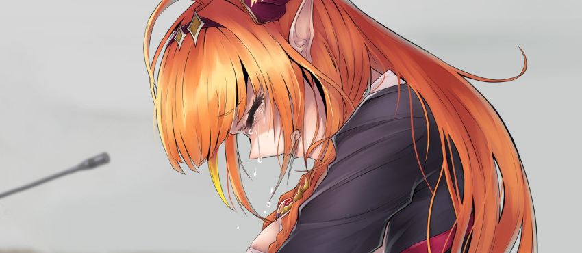 1girl ahoge artist_request bangs black_jacket blonde_hair blurry breasts brooch brown_hairband cleavage_cutout clenched_teeth closed_eyes clothing_cutout collared_shirt crying dragon_girl dragon_horns eyebrows_visible_through_hair from_side gem grey_background hairband head_down highres hololive horns jacket jewelry kiryu_coco long_hair microphone mouth_visible_through_hair multicolored_hair orange_hair pointy_ears shirt sidelocks simple_background solo streaked_hair tears teeth upper_body virtual_youtuber white_shirt