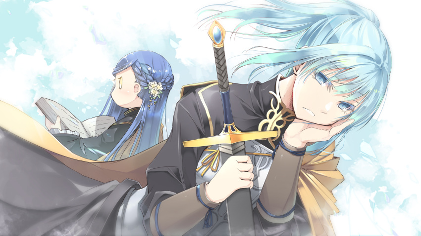 2girls angelica_(honzuki_no_gekokujou) armor black_dress blue_eyes blue_hair book braid breastplate brown_flower closed_mouth commentary_request dress flower frilled_sleeves frills hair_flower hair_ornament hand_on_own_face hand_up high_ponytail highres holding holding_book holding_sword holding_weapon honzuki_no_gekokujou long_hair long_sleeves looking_at_viewer maine_(honzuki_no_gekokujou) multiple_girls open_book ponytail profile satomi sword weapon wide_sleeves yellow_eyes