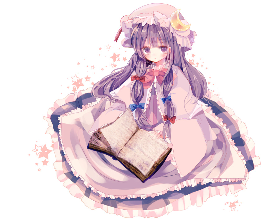1girl an_(miyoshi_ruu) blue_bow blush book bow bowtie commentary_request crescent crescent_hat_ornament dress hat hat_ornament long_hair long_sleeves mob_cap open_book patchouli_knowledge pink_dress pink_headwear pink_neckwear purple_hair red_bow simple_background solo touhou violet_eyes white_background wide_sleeves