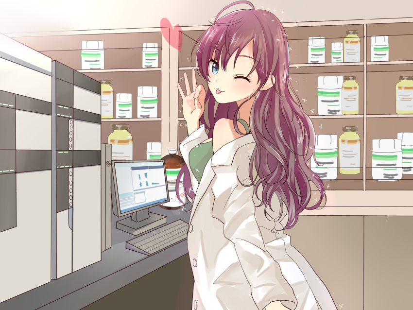 1girl :3 :p absurdres ahoge bare_shoulders blue_eyes blush bottle brown_hair coat commentary_request computer green_shirt highres ichinose_shiki idolmaster idolmaster_cinderella_girls labcoat long_hair medicine_bottle nuko-1111 off_shoulder ok_sign one_eye_closed pharmacy shirt solo tongue tongue_out wavy_hair white_coat