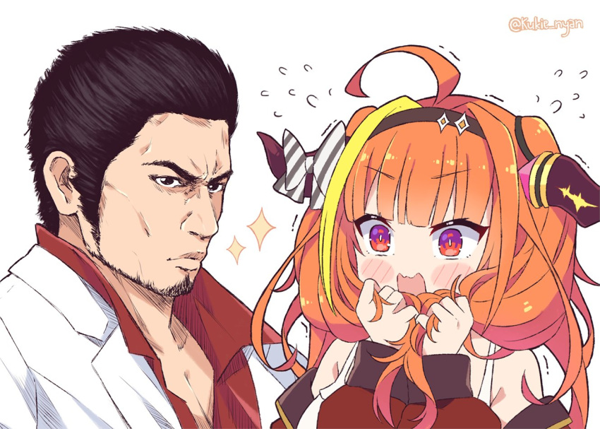 1boy 1girl ahoge bangs bare_shoulders black_hair blush bow commentary_request dragon_girl eyebrows_visible_through_hair holding holding_hair hololive horn_bow jacket kiryu_coco kiryuu_kazuma kukie-nyan off_shoulder orange_hair ryuu_ga_gotoku simple_background twitter_username violet_eyes white_background white_jacket