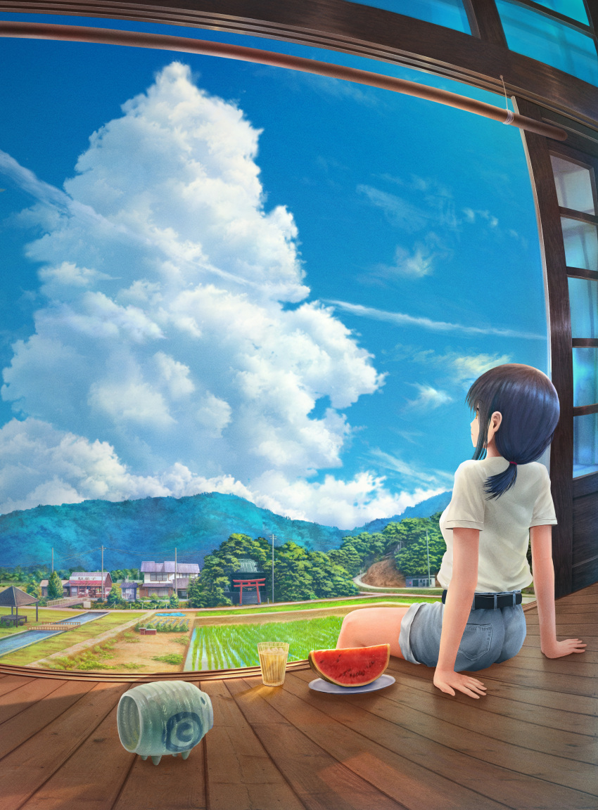 1girl absurdres arm_support black_hair blue_sky bridge bus_stop canal clouds commentary_request condensation_trail cumulonimbus_cloud day denim denim_shorts field forest glass highres house huge_filesize landscape mountain nature original plate ponytail power_lines rice_paddy road rural scenery shirt shop short_sleeves shorts sidelocks sitting sky tamikko tied_hair torii utility_pole veranda watermelon_slice white_shirt wooden_floor