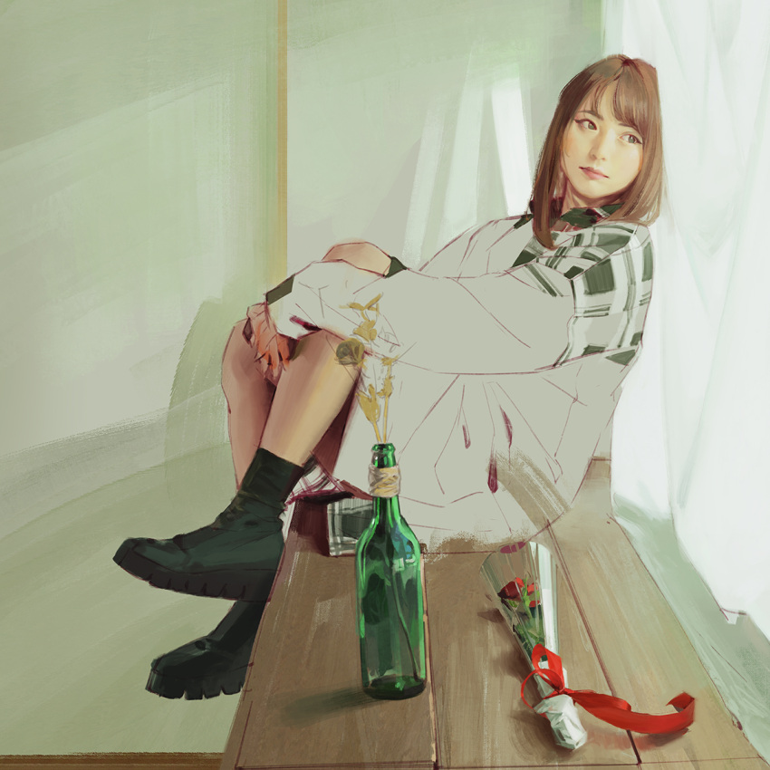 1girl asian bangs black_eyes bottle brown_hair curled_up curtains flower grey_sweater highres light_blush looking_to_the_side minase_chika pablo real_life realistic red_flower short_hair sitting sketch solo sweater window