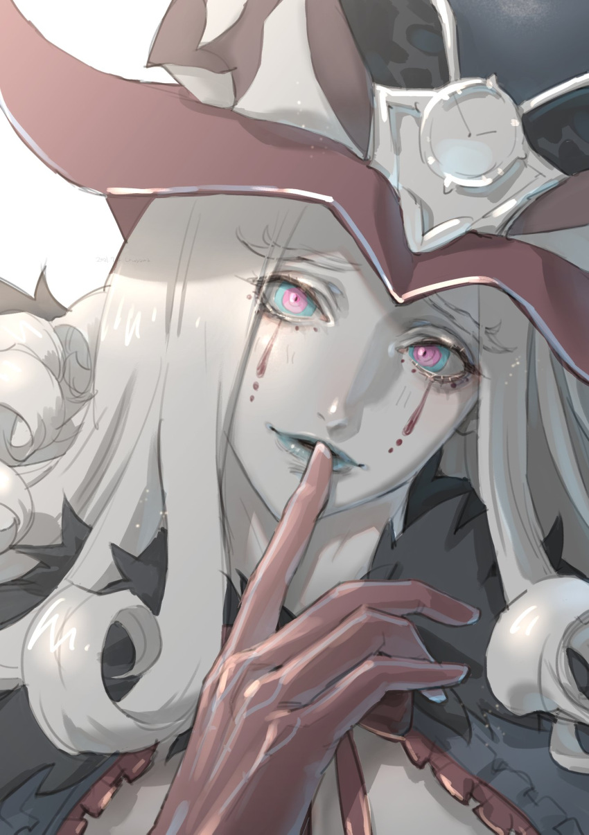 1boy blue_eyes blue_lips blush butterfly_ornament cape clock colored_skin curly_hair demon_boy eyelashes fate/grand_order fate_(series) finger_to_mouth fur-trimmed_cape fur_collar fur_trim hat headpiece highres horns light_particles limited_palette loveyama makeup male_focus medium_hair mephistopheles_(fate) multicolored multicolored_eyes multiple_tails pale_skin shushing solo tail teardrop thick_eyebrows violet_eyes white_skin