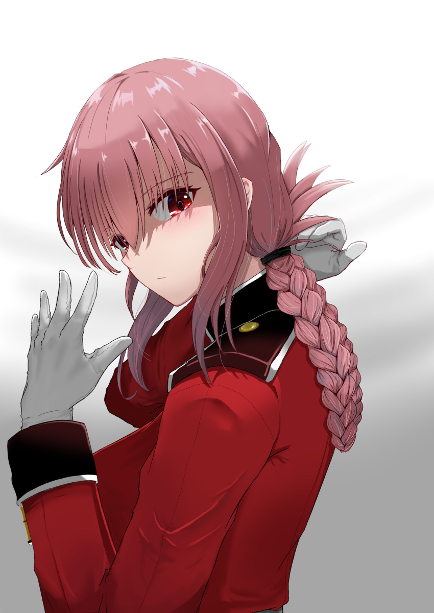 1girl absurdres bangs blush braid braided_ponytail breasts closed_mouth commentary_request eyebrows_visible_through_hair fate/grand_order fate_(series) florence_nightingale_(fate) from_side gloves hasunuma highres large_breasts long_hair looking_at_viewer military military_uniform pink_hair red_eyes solo uniform white_gloves