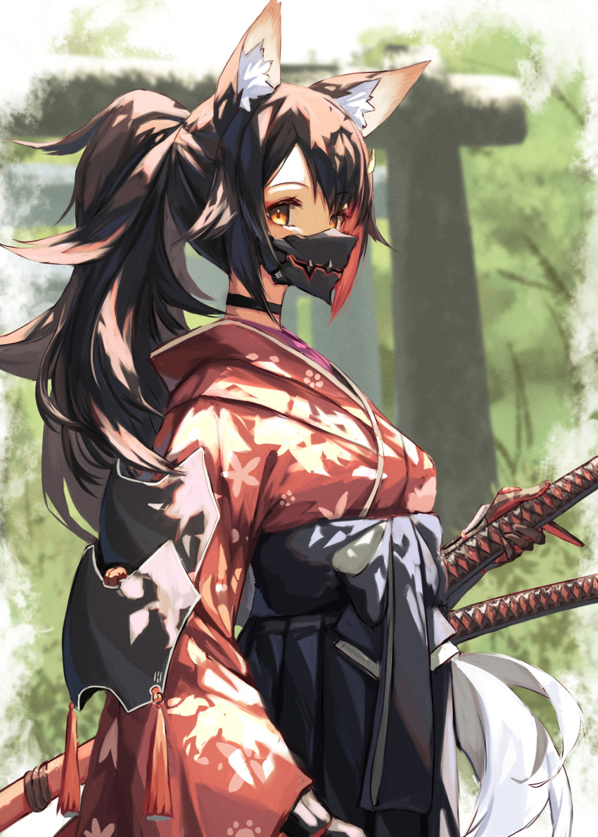 1girl absurdres animal_ear_fluff animal_ears bangs black_choker black_hair breasts choker colored_inner_hair hakama highres holding holding_sword holding_weapon hololive inre_kemomimi japanese_clothes long_hair looking_at_viewer mask mouth_mask multicolored_hair ookami_mio ponytail redhead sheath sheathed small_breasts solo sword weapon wolf_ears wolf_girl