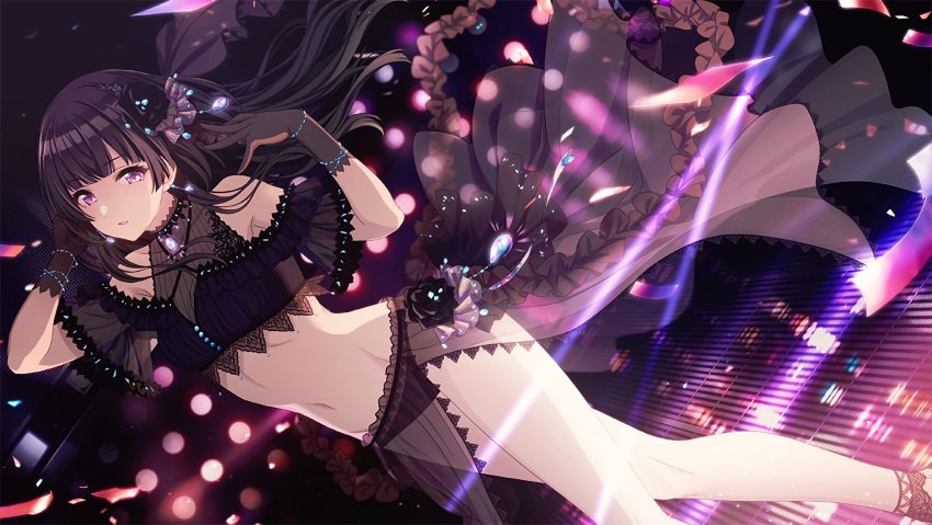 1girl bangs black_gloves black_hair black_panties blunt_bangs dutch_angle eyebrows_visible_through_hair floating_hair gloves groin highres idolmaster idolmaster_shiny_colors long_hair looking_at_viewer mayuzumi_fuyuko midriff navel panties parted_lips shiny shiny_hair solo stomach tomari_(veryberry00) underwear very_long_hair violet_eyes