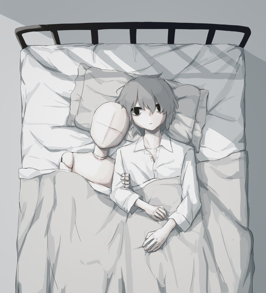 1boy absurdres avogado6 bags_under_eyes bed_sheet black_eyes closed_mouth collared_shirt commentary_request from_above grey_background grey_hair highres long_sleeves male_focus mannequin on_bed original pillow shirt simple_background solo white_shirt wide-eyed wing_collar