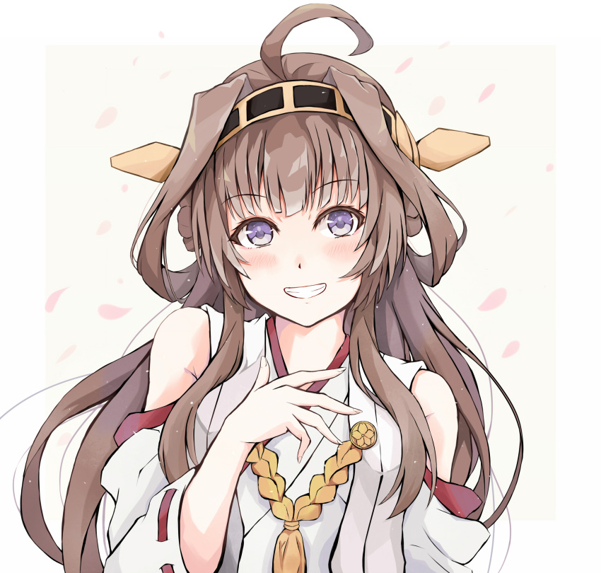 1girl ahoge blush breasts brown_hair dairyo3 detached_sleeves double_bun eyebrows_visible_through_hair hairband hand_on_own_chest headgear highres japanese_clothes kantai_collection kongou_(kancolle) long_hair looking_at_viewer medium_breasts nontraditional_miko petals ribbon-trimmed_sleeves ribbon_trim smile solo violet_eyes white_background