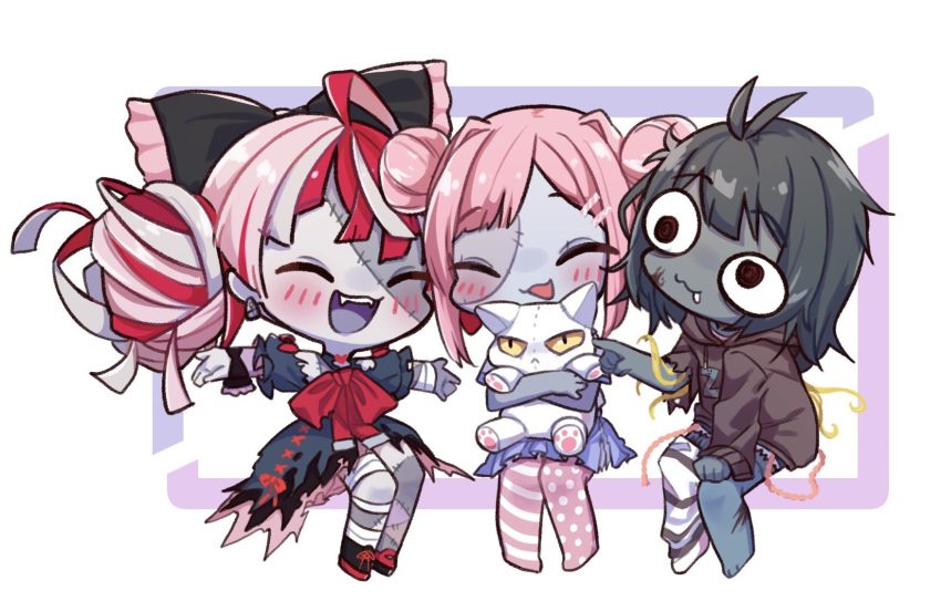 3girls @_@ ^_^ ajisai_eurydice animal bandaged_arm bandaged_leg bandages bangs black_bow black_dress blush bow brown_eyes brown_hoodie cat chibi closed_eyes colored_skin double_bun dress eyebrows_visible_through_hair fang fang_out fangs green_hair grey_hair grey_skin hair_bow hair_ornament hairclip hand_on_own_knee highres holding holding_animal holding_cat hololive hololive_indonesia hood hoodie indie_virtual_youtuber kureiji_ollie multicolored_hair multiple_girls open_hands patchwork_skin poking red_bow redhead second-party_source short_hair torn_clothes torn_dress trait_connection virtual_youtuber vyolfers zombie zonbko