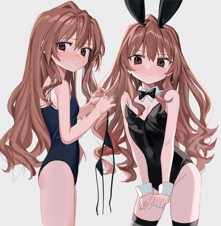 1girl aisaka_taiga animal_ears bangs bare_shoulders black_bra black_legwear blue_swimsuit blush bow bowtie bra bra_removed brown_eyes brown_hair closed_mouth commentary_request detached_collar embarrassed eyebrows_visible_through_hair facing_viewer fake_animal_ears from_side hair_between_eyes highres holding holding_bra holding_clothes holding_underwear leotard long_hair looking_at_viewer looking_to_the_side luicent multiple_views one-piece_swimsuit rabbit_ears simple_background standing strapless strapless_leotard swimsuit toradora! underwear white_background wrist_cuffs