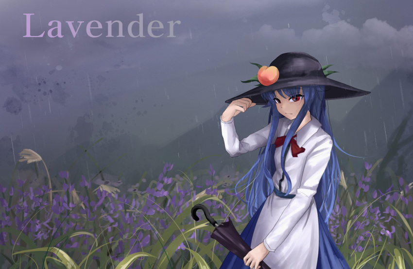 1girl black_headwear black_umbrella blouse blue_hair blue_skirt closed_mouth closed_umbrella clouds cloudy_sky cowboy_shot english_text eyebrows_visible_through_hair field flower flower_field food fruit ganadara_ddo highres hinanawi_tenshi holding holding_umbrella lavender_(flower) leaf long_hair looking_at_viewer outdoors peach rain red_eyes red_neckwear simple_background skirt sky solo standing touhou umbrella white_blouse