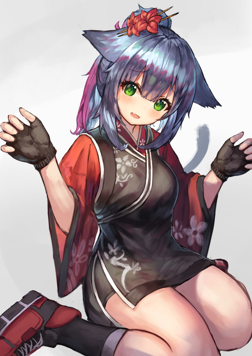 1girl absurdres animal_ears arknights bangs blush cat_ears cat_tail china_dress chinese_clothes commentary_request dark_blue_hair dress eyebrows_visible_through_hair eyes_visible_through_hair fingerless_gloves floral_print gloves green_eyes grey_background hair_ornament highres jessica_(arknights) jessica_(clivia)_(arknights) looking_at_viewer official_alternate_costume outstretched_hand red_footwear short_dress short_hair side_slit simple_background socks solo sweatdrop tail taku57 thighs wide_sleeves