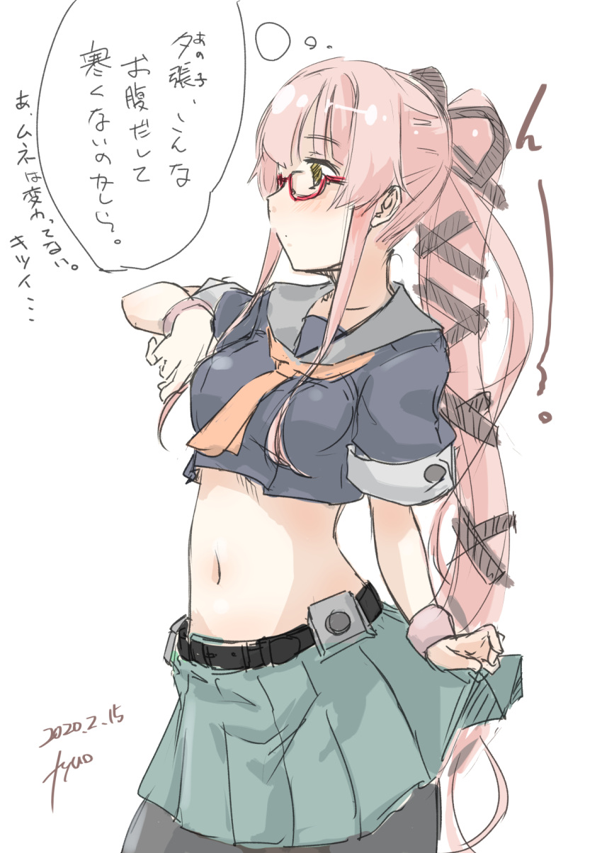 1girl bespectacled black_legwear black_shirt commentary_request contrapposto cosplay cowboy_shot fyuo glasses green_skirt grey_sailor_collar hair_flaps hair_ribbon highres kantai_collection long_hair midriff navel neckerchief one-hour_drawing_challenge orange_neckwear pantyhose pink_hair pleated_skirt ponytail red-framed_eyewear remodel_(kantai_collection) ribbon sailor_bikini sailor_collar school_uniform serafuku shirt simple_background skirt skirt_hold solo thought_bubble translation_request very_long_hair white_background yura_(kancolle) yuubari_(kancolle) yuubari_(kancolle)_(cosplay)
