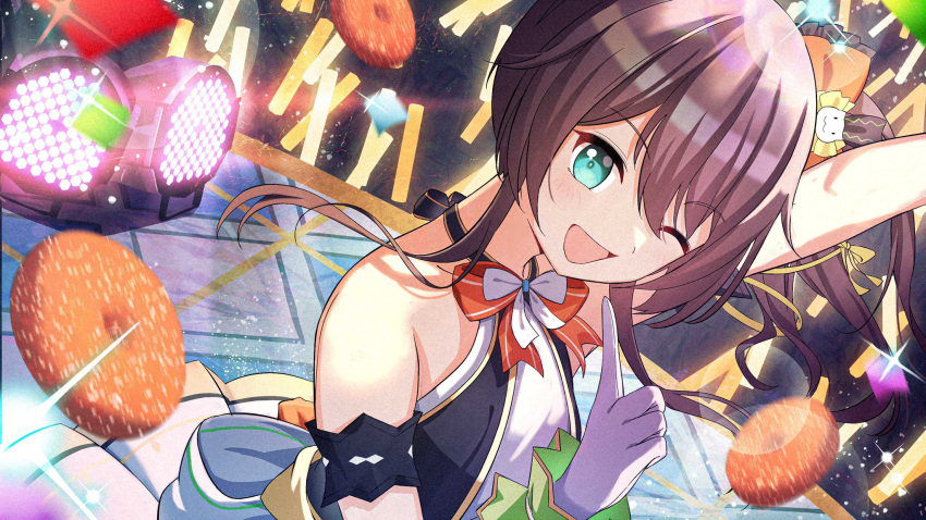 1girl :d aqua_eyes arm_up bangs brown_hair collarbone commentary_request eyebrows_visible_through_hair hair_between_eyes hair_ribbon highres hololive index_finger_raised looking_at_viewer natsuiro_matsuri one_eye_closed open_mouth ribbon sanada_keisui side_ponytail smile solo sparkle stage_lights virtual_youtuber