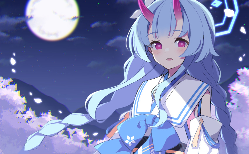 1girl absurdres blue_archive blush braid chise_(blue_archive) commentary_request detached_sleeves full_moon hair_between_eyes halo highres horns japanese_clothes long_hair looking_at_viewer moon night oni_horns open_mouth red_eyes sky solo twin_braids twintails uhouhogorigori