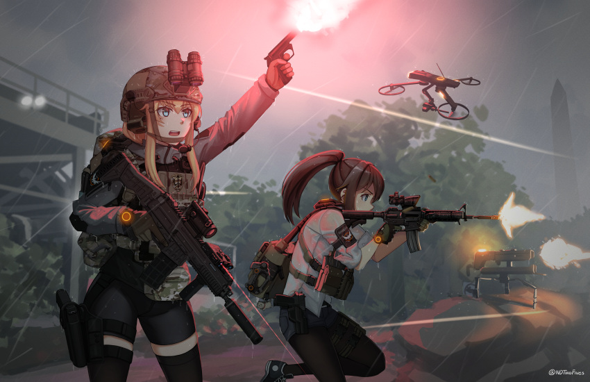 2girls arm_up bangs binoculars black_footwear black_gloves black_legwear black_shorts blonde_hair blue_eyes brown_hair commentary commission drone ear_protection english_commentary eyebrows_visible_through_hair finger_on_trigger firing gloves grey_jacket gun hair_between_eyes handgun headset helmet high_ponytail highres holding holding_gun holding_weapon jacket legwear_under_shorts long_hair looking_away multiple_girls ndtwofives open_mouth original pantyhose pistol ponytail profile railing rain shirt shoes short_shorts short_sleeves shorts standing standing_on_one_leg thigh-highs tom_clancy's_the_division trigger_discipline twitter_username upper_teeth vivian_zhao weapon weapon_request wet wet_clothes wet_shirt white_shirt