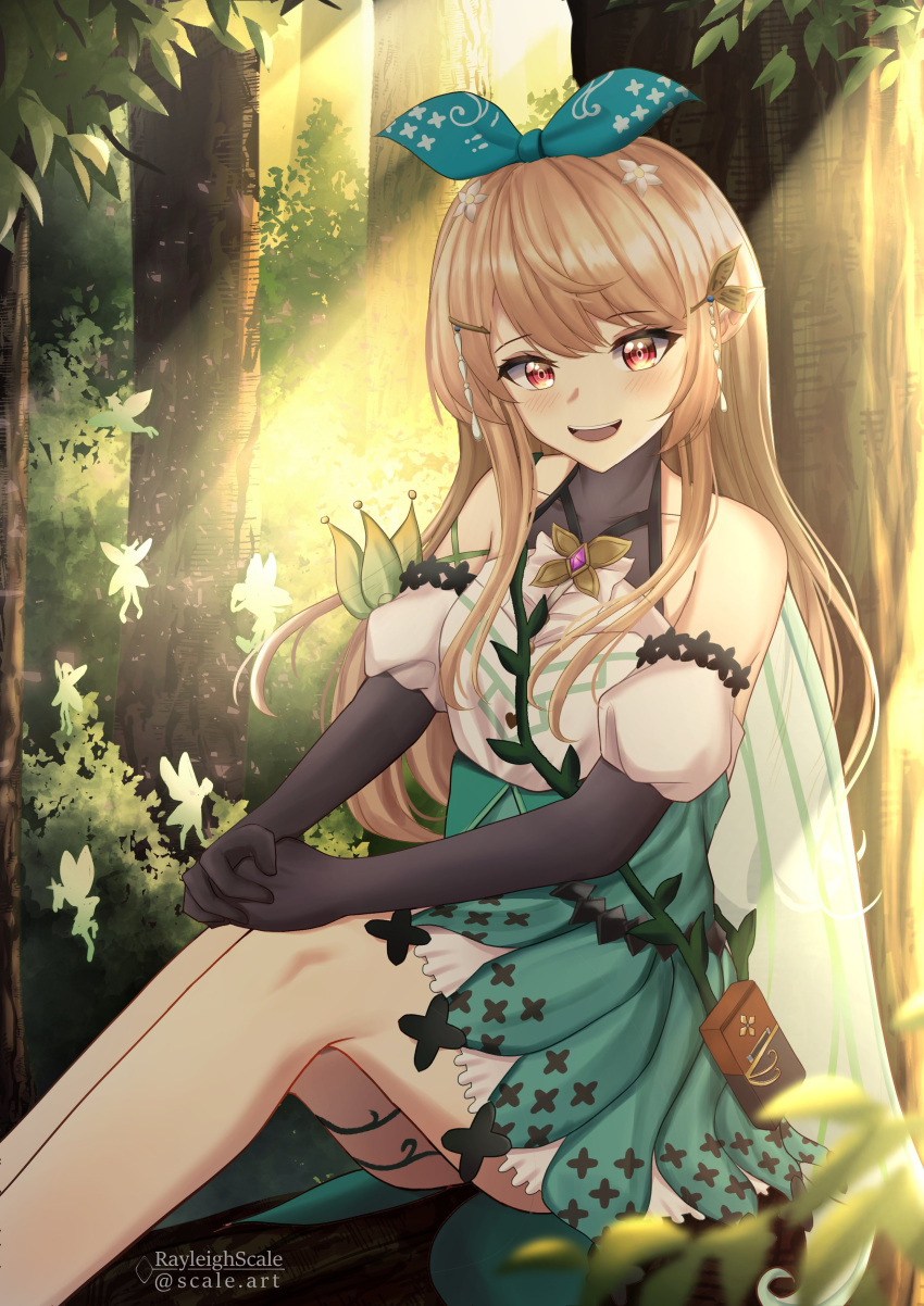 1girl absurdres aqua_ribbon artist_name black_gloves blonde_hair brown_eyes elbow_gloves eyebrows_visible_through_hair fairy fairy_wings flat_chest forest gloves green_skirt hair_behind_ear hair_ribbon halter_top halterneck hands_together highres long_hair looking_at_viewer nature nijisanji nijisanji_en open_mouth pointy_ears pomu_rainpuff rayleigh_scale ribbon sitting skirt smile solo virtual_youtuber wings