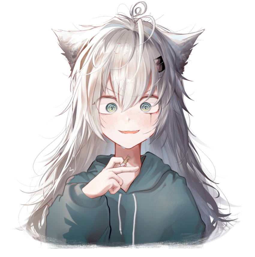 1girl @_@ alternate_eye_color animal_ears arknights cropped_torso drawstring green_eyes green_hoodie hair_between_eyes hair_ornament hairclip hand_up holding hood hood_down hoodie lappland_(arknights) long_hair messy_hair runamonet scar scar_across_eye simple_background solo sweat upper_body v-shaped_eyebrows white_background white_hair wolf_ears