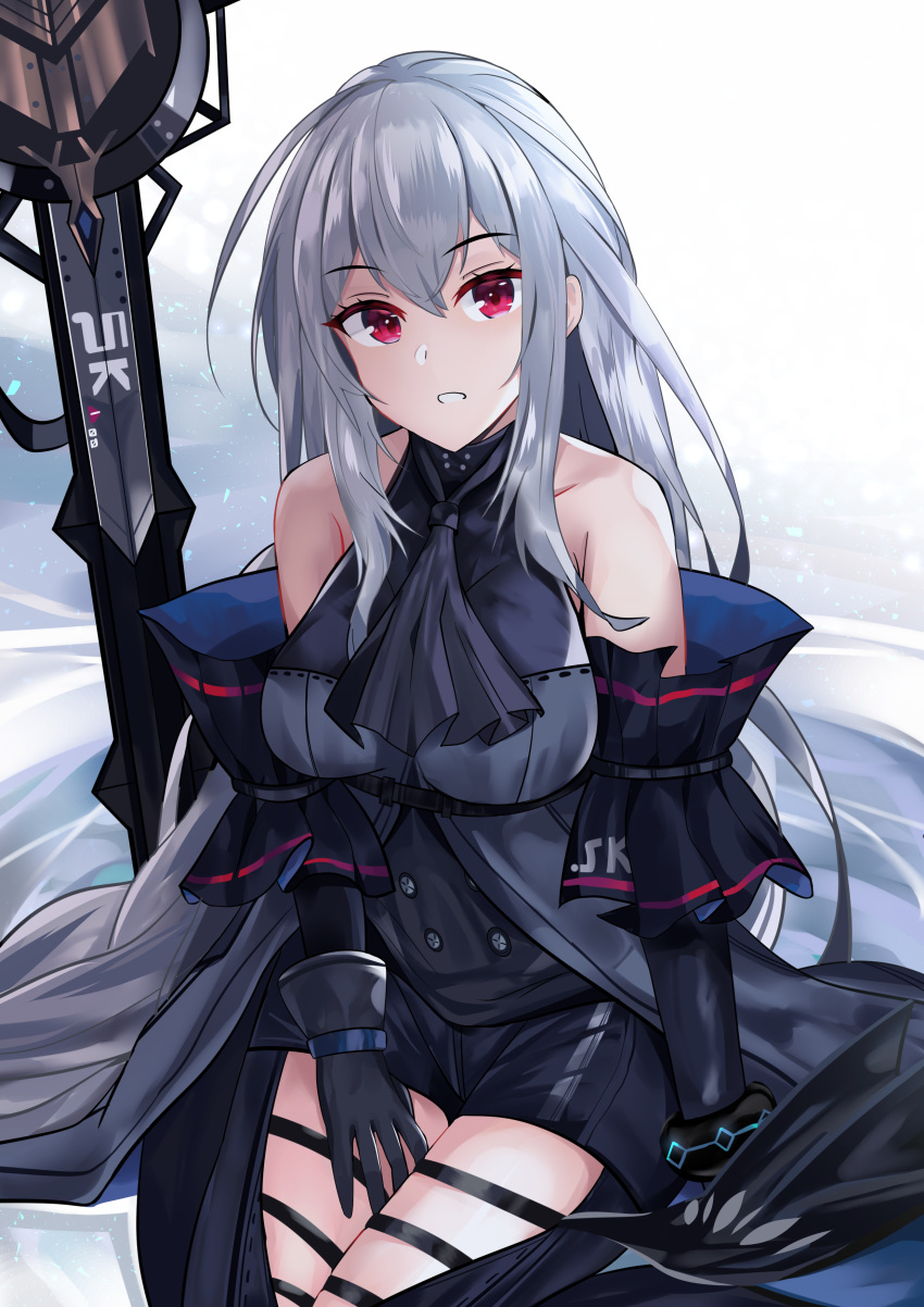 1girl absurdres arknights ascot bare_shoulders black_gloves black_neckwear black_pants breasts clothing_cutout commentary cowboy_shot gloves hand_on_own_thigh highres infection_monitor_(arknights) long_hair looking_at_viewer low-tied_long_hair medium_breasts no_hat no_headwear pants parted_lips planted planted_sword red_eyes seabread silver_hair sitting skadi_(arknights) solo sword thigh_cutout thigh_strap very_long_hair weapon white_background