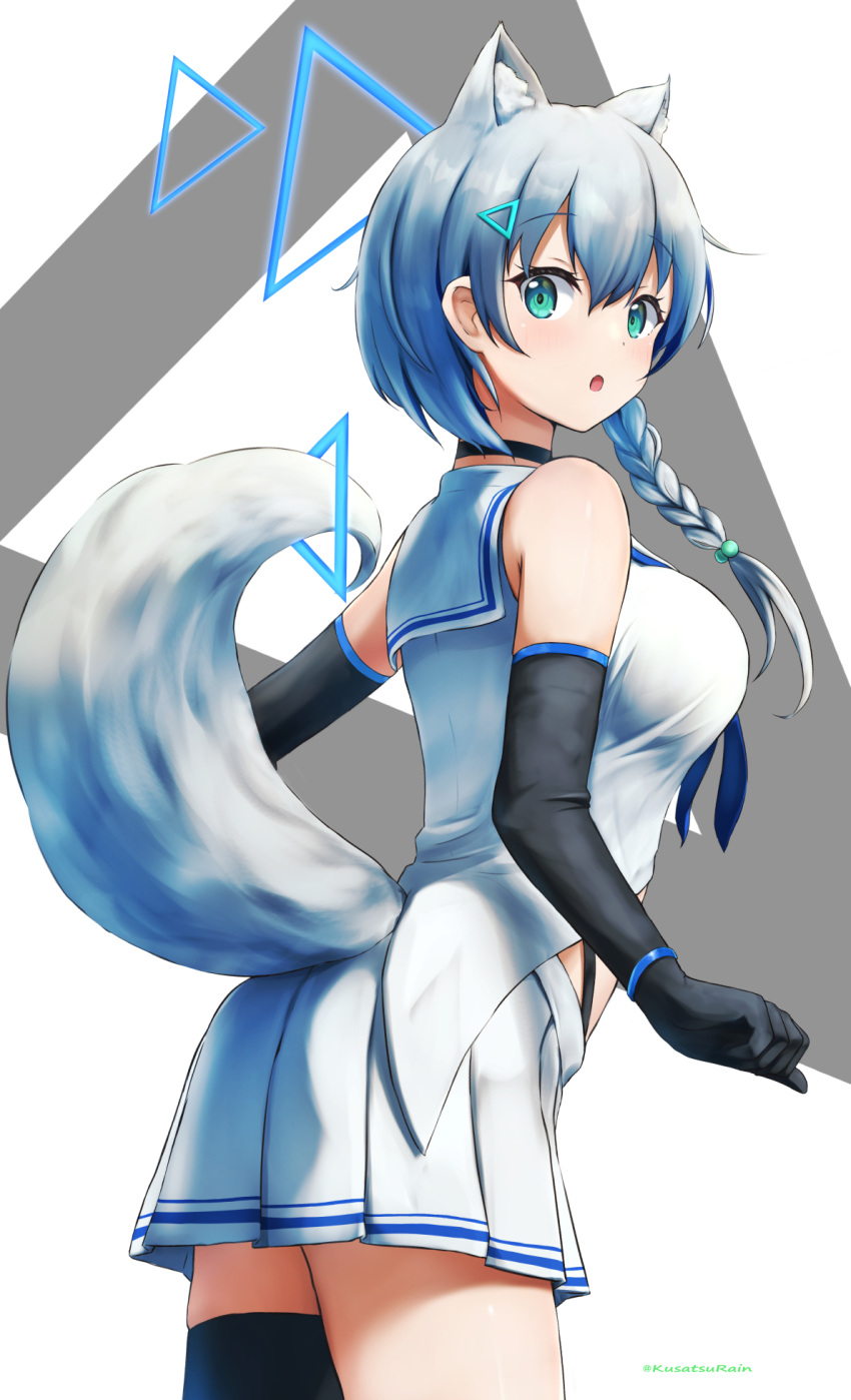 1girl :o amano_kusatsu animal_ears aqua_eyes bare_shoulders black_choker black_gloves black_legwear blue_hair braid breasts center_opening choker cowboy_shot elbow_gloves extra_ears fox_ears fox_girl fox_tail from_side gloves highleg highres large_breasts long_hair looking_at_viewer looking_to_the_side miniskirt open_mouth original pleated_skirt sailor_collar shirt single_braid single_thighhigh skirt sleeveless sleeveless_shirt solo stomach tail thigh-highs white_shirt white_skirt zettai_ryouiki