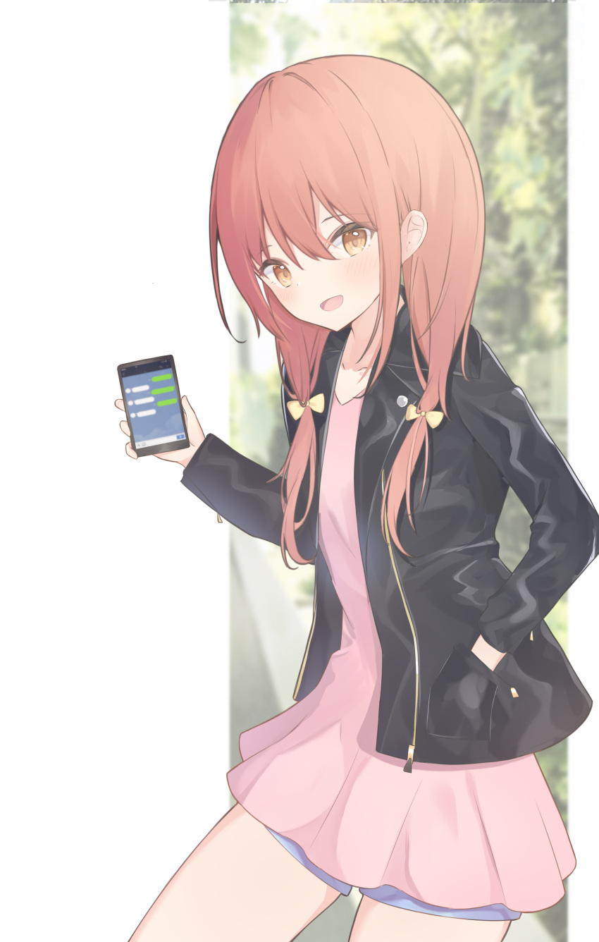 1girl :d absurdres bangs black_jacket blue_shorts blush bow brown_eyes brown_hair casual cellphone dress eyebrows_visible_through_hair hair_between_eyes hair_bow hand_in_pocket highres holding holding_phone jacket long_hair long_sleeves looking_at_viewer open_clothes open_jacket open_mouth original phone pink_dress roido_(taniko-t-1218) short_shorts shorts shorts_under_dress smile solo yellow_bow