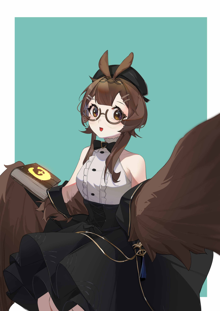 1girl absurdres bangs bare_shoulders beret black_neckwear black_skirt blue_background book bow bowtie brown_eyes brown_feathers brown_hair brown_wings chinese_commentary clover_theater commentary_request dokeshi eyewear_chain feathered_wings feathers glasses harpy hat highres monster_girl norris_(clover_theater) open_mouth round_eyewear semi-rimless_eyewear shirt short_hair short_hair_with_long_locks skirt sleeveless sleeveless_shirt solo two-tone_background white_background white_shirt winged_arms wings yellow-framed_eyewear