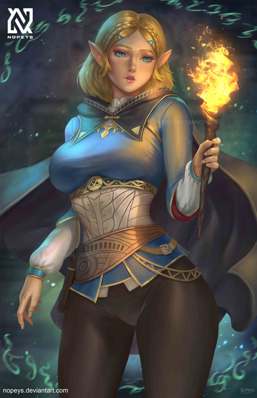 absurdres bangs blonde_hair blue_eyes blue_tunic blush braid breasts cape cowboy_shot fire hair_ornament hairclip highres holding holding_torch lips medium_breasts norman_de_mesa parted_bangs parted_lips pointy_ears princess_zelda short_hair the_legend_of_zelda the_legend_of_zelda:_breath_of_the_wild the_legend_of_zelda:_breath_of_the_wild_2 torch