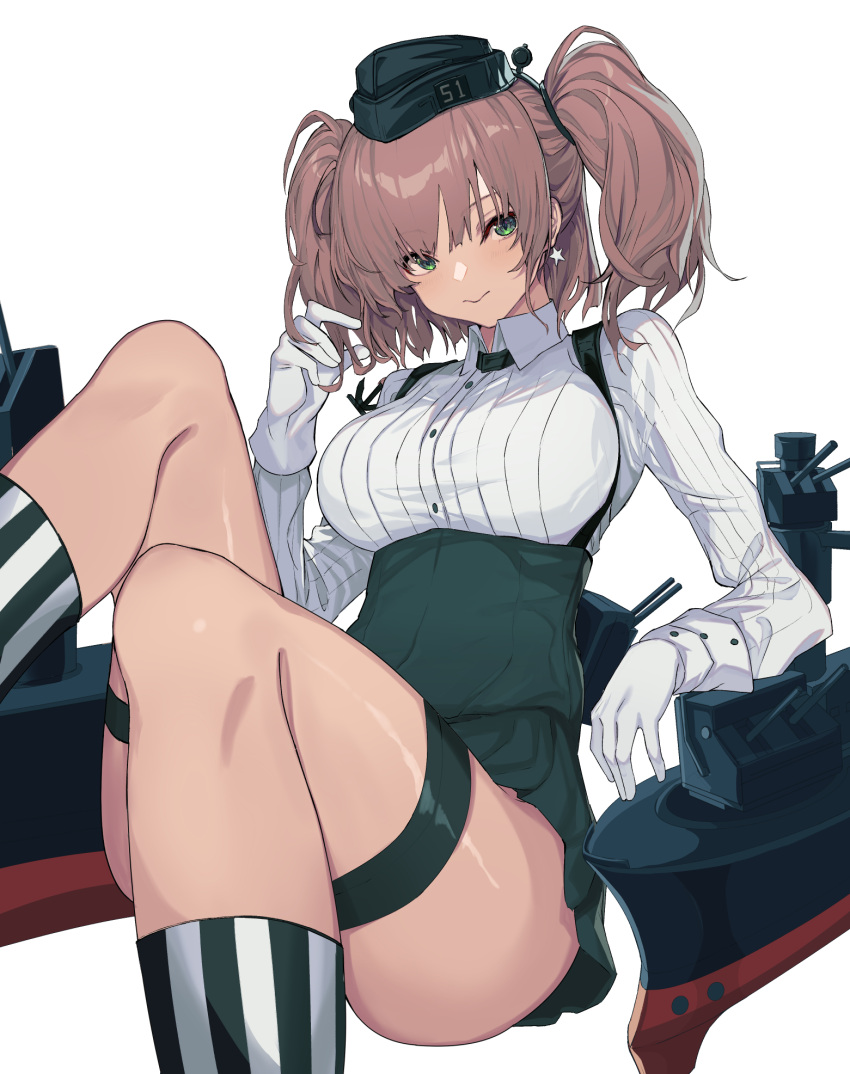 1girl atlanta_(kancolle) black_headwear black_skirt brown_hair buttons closed_mouth earrings garrison_cap gloves grey_eyes hat high-waist_skirt highres jewelry kantai_collection long_hair long_sleeves machinery oweee rigging shirt simple_background single_earring skirt solo star_(symbol) star_earrings suspender_skirt suspenders two_side_up white_background white_gloves white_shirt