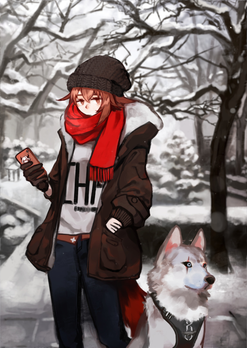 1girl absurdres arknights bare_tree beanie black_headwear blue_pants blurry brown_gloves brown_jacket cameo cellphone chinese_commentary crownslayer_(arknights) depth_of_field dog feet_out_of_frame gloves hand_in_pocket hat highres holding holding_phone jacket looking_at_viewer orange_eyes orange_hair outdoors pants phone red_scarf scar_on_arm scarf short_hair snow solo sticker tail talulah_(arknights) tree winter wolf_tail zxny